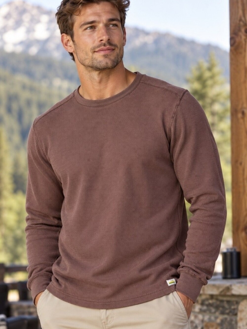 Vuori Men's Waffle Knit Crew Long Sleeve In Brown Size XXL